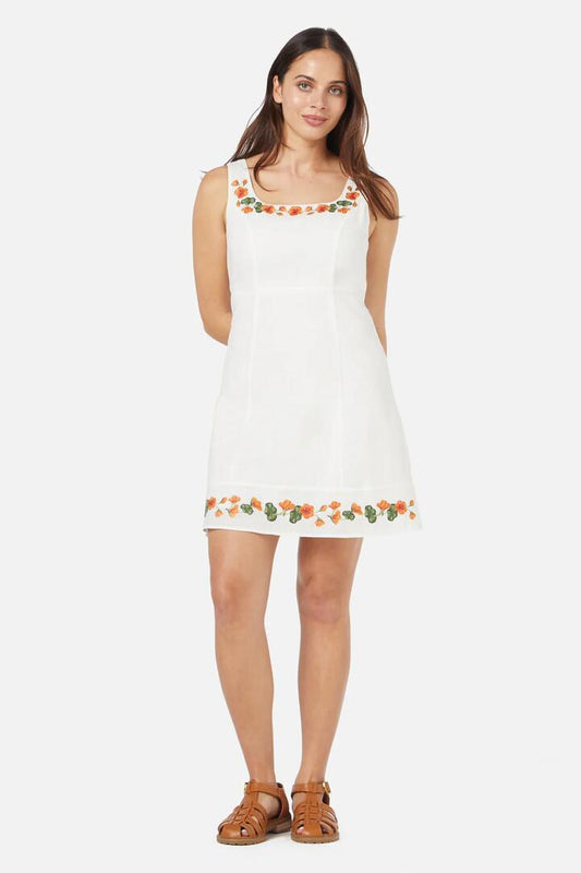Image of a model wearing Dress. Productname: Nasturtium Emb Dress in Cream colour by brand - Princess Highway
