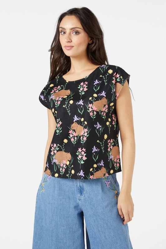 Image of a model wearing Tops. Productname: Wombat Top in Black colour by brand - Princess Highway