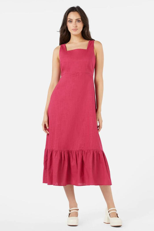 Image of a model wearing Dress. Productname: Nora Midi Dress in Berry colour by brand - Princess Highway