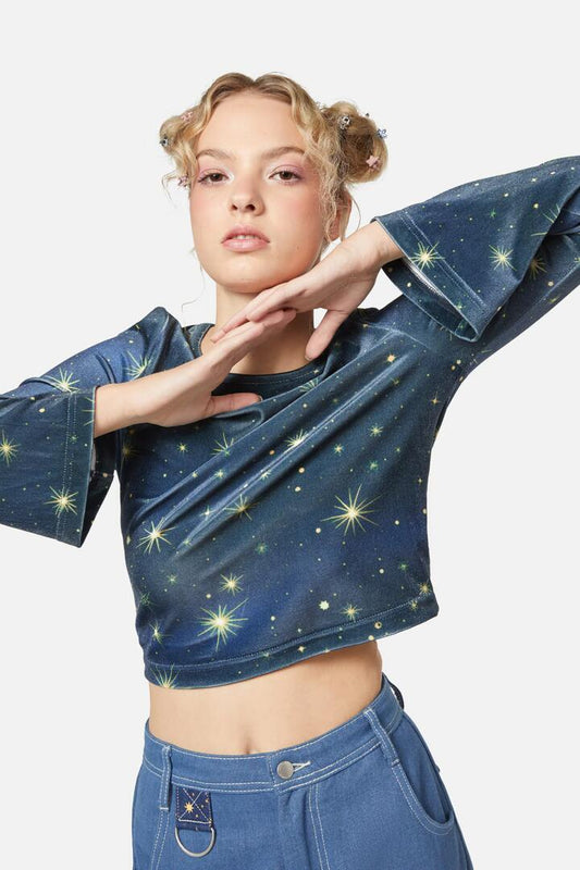 Image of a model wearing Tops. Productname: Starlight Top in Navy colour by brand - Dangerfield