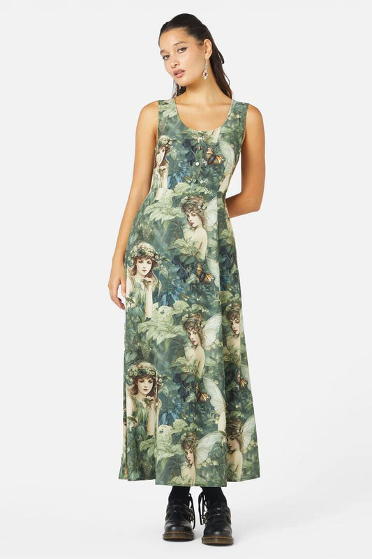 Image of a model wearing Dress. Productname: Forest Fae Dress in Green colour by brand - Black Friday