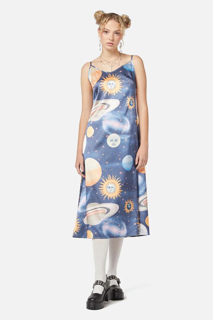 Image of a model wearing Dress. Productname: Moonlit Satin Dress in Navy colour by brand - Dangerfield