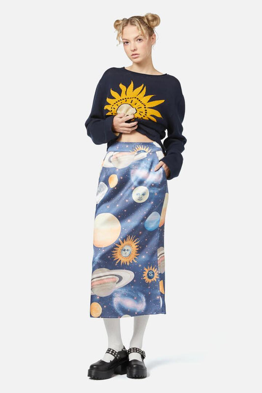 Image of a model wearing Skirts. Productname: Moonlit Satin Skirt in Navy colour by brand - Dangerfield