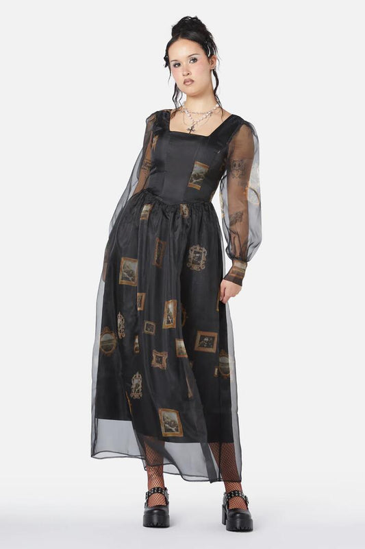 Image of a model wearing Dress. Productname: Requiem Frame Organza Dress in Black colour by brand - Dangerfield