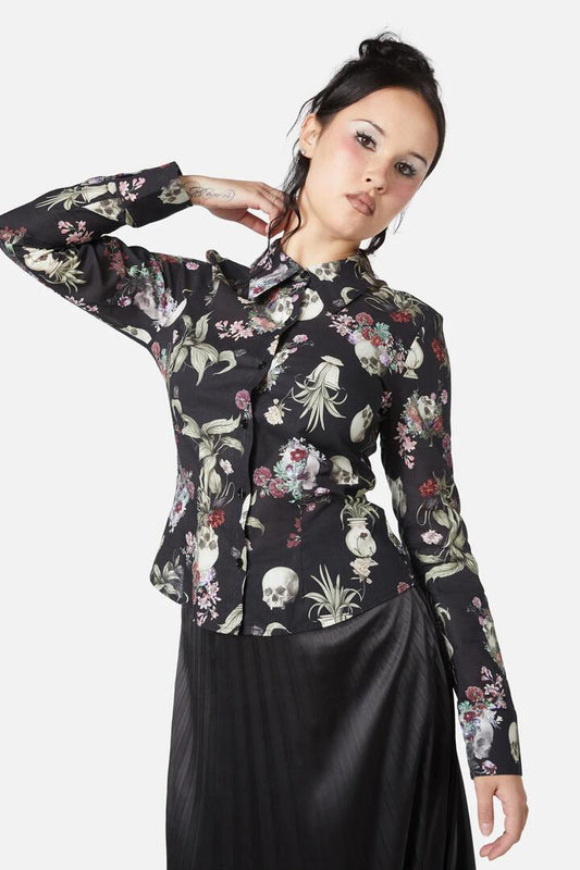 Image of a model wearing Tops. Productname: Memento Mori Printed Blouse in Black colour by brand - Dangerfield