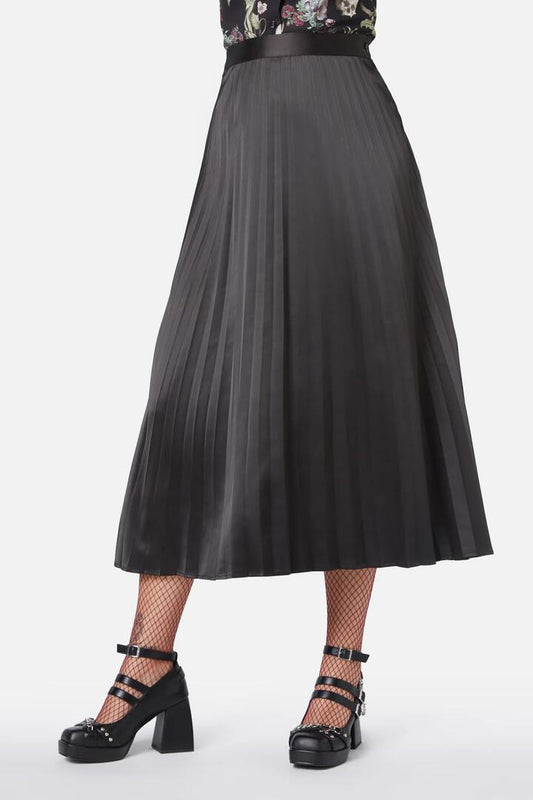 Image of a model wearing Skirts. Productname: Elegy Knife Pleat Midi Skirt in Black colour by brand - Dangerfield