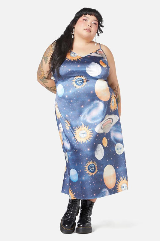 Image of a model wearing Dress. Productname: Curve Moonlit Satin Dress in Navy colour by brand - Dangerfield
