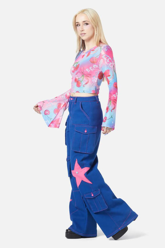 Image of a model wearing Tops. Productname: Sour Cherry Flared Mesh Top in Multi colour by brand - Black Friday