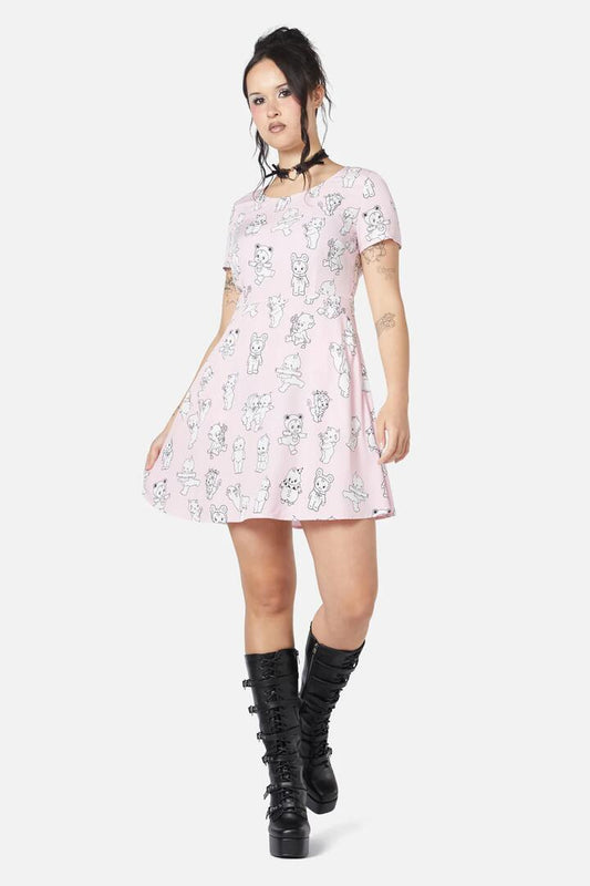 Image of a model wearing Dress. Productname: Cherub Face Printed Dress in Pink colour by brand - Dangerfield