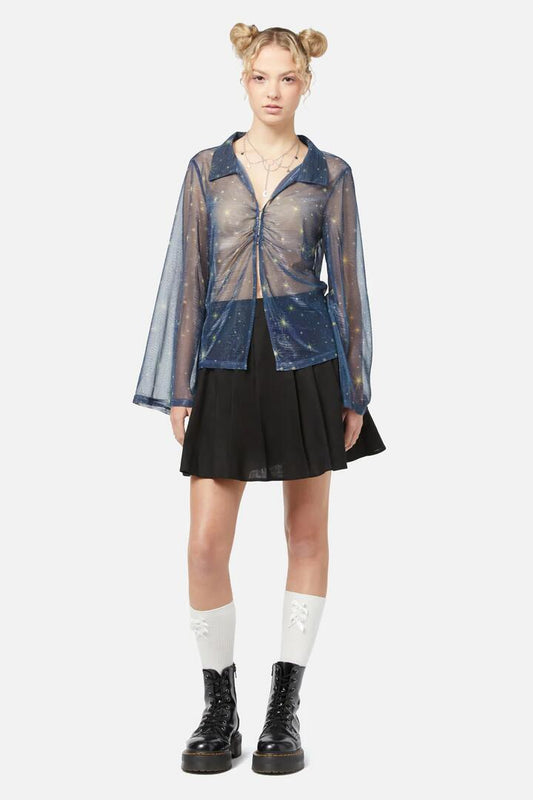 Image of a model wearing Tops. Productname: Starlight Blouse in Navy colour by brand - Dangerfield