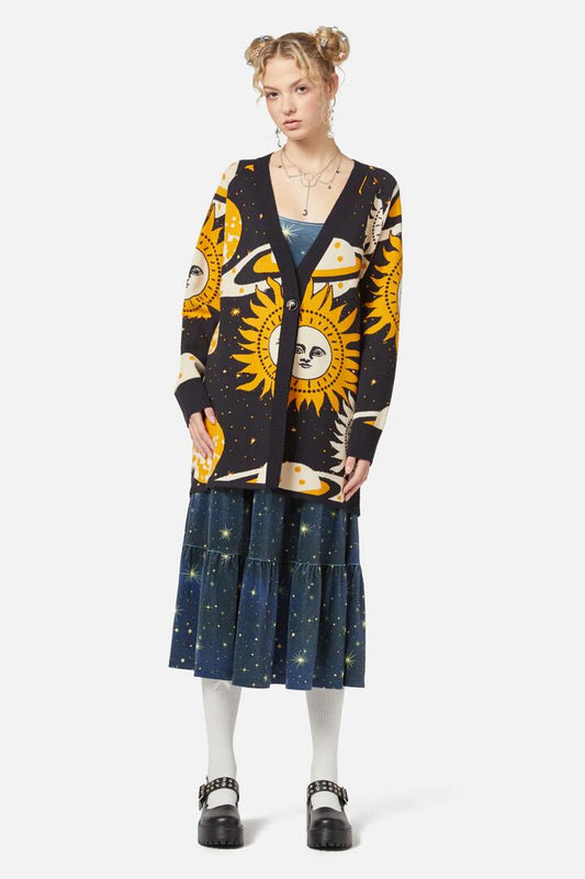 Image of a model wearing Outerwear. Productname: Moonlit Cardi in Navy colour by brand - Dangerfield