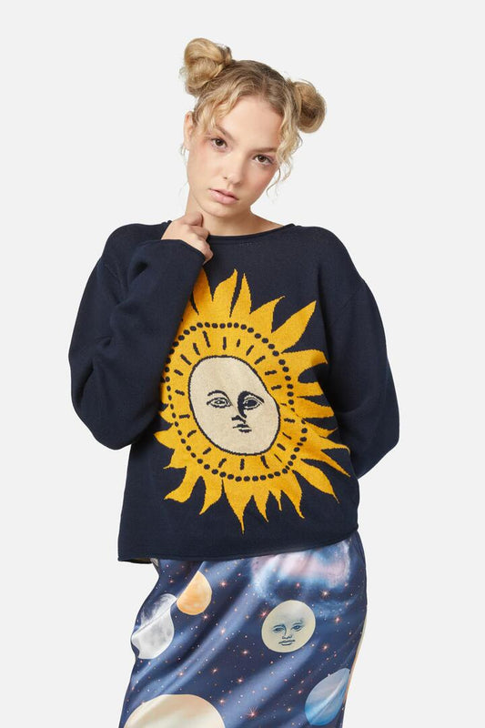 Image of a model wearing Tops. Productname: Sun Placement Knit in Navy colour by brand - Dangerfield