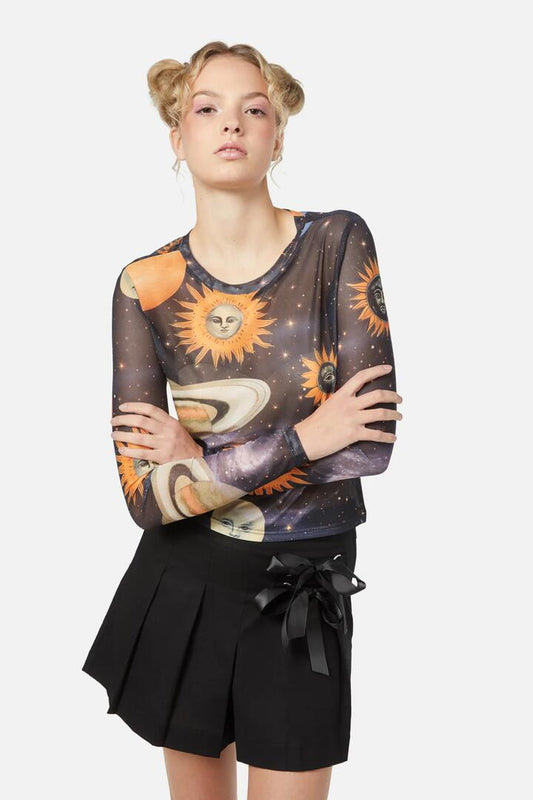 Image of a model wearing Tops. Productname: Moonlit Print Mesh Top in Navy colour by brand - Dangerfield