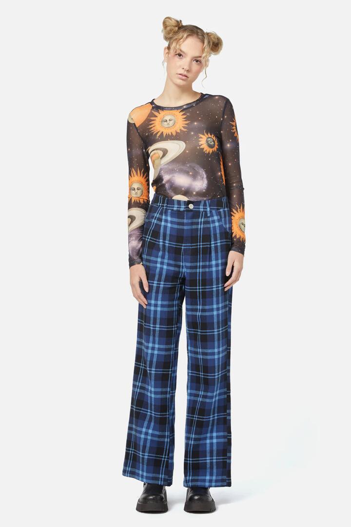 Image of a model wearing Pants. Productname: Moonlit Tartan Pant in Navy colour by brand - Dangerfield