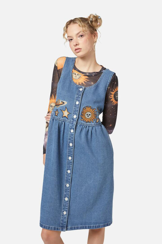 Image of a model wearing Dress. Productname: Moonlit Embroidery Pinny in Indigo colour by brand - Dangerfield
