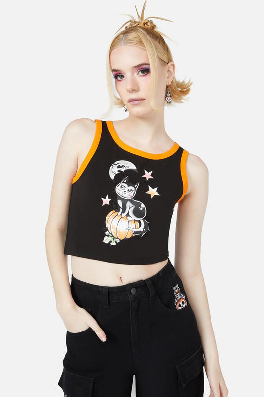 Image of a model wearing Tops. Productname: Pumpkin Kitty Tank in Black colour by brand - Black Friday