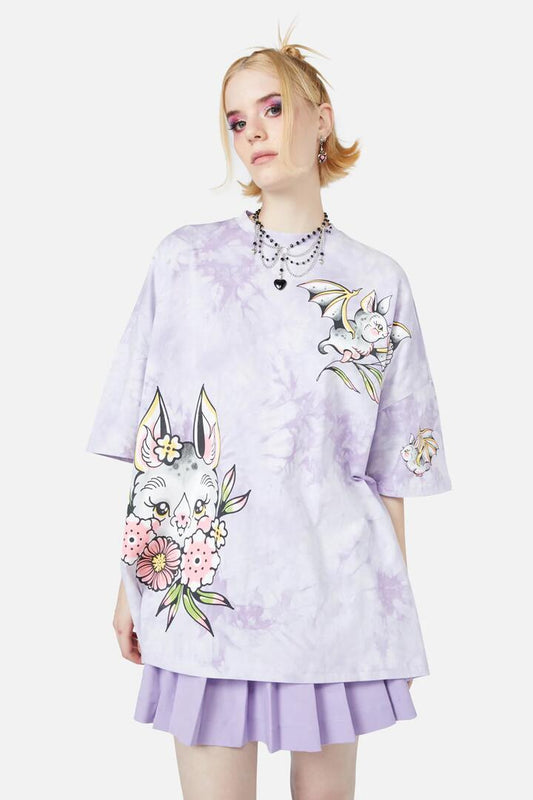 Image of a model wearing Tops. Productname: Fricken Bats Tee in Lilac colour by brand - Black Friday