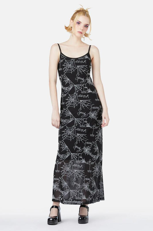 Image of a model wearing Dress. Productname: Entangled Flocked Mesh Dress in Black colour by brand - Black Friday