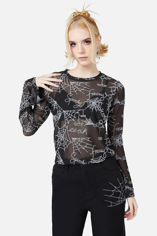 Image of a model wearing Tops. Productname: Entangled Flocked Mesh Top in Black colour by brand - Black Friday