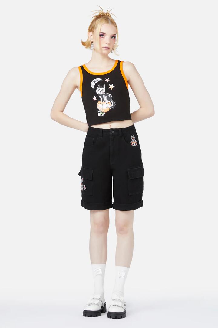 Image of a model wearing Shorts. Productname: Cat-O-Lantern Short in Black colour by brand - Black Friday