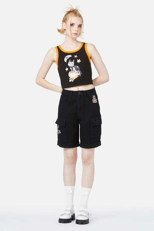 Image of a model wearing Shorts. Productname: Cat-O-Lantern Short in Black colour by brand - Black Friday