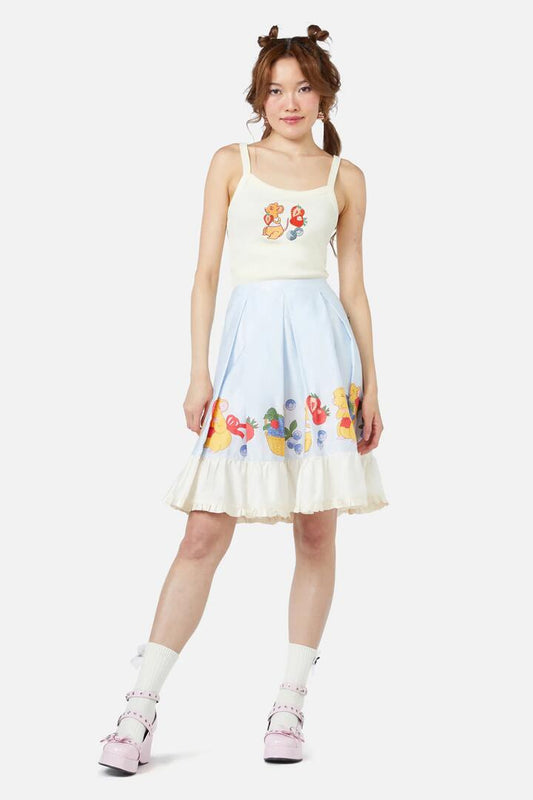 Image of a model wearing Skirts. Productname: Hamper Ruffle Skirt in Blue colour by brand - Dangerfield