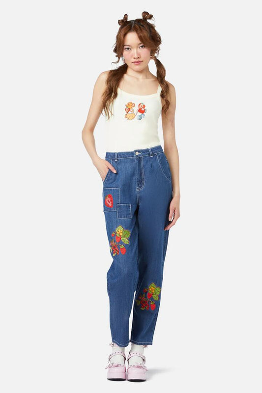 Image of a model wearing Denim. Productname: Hamper Patch Jeans in Blue colour by brand - Dangerfield