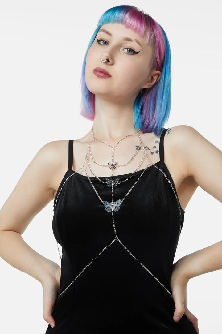 Image of Lingerie. Productname: Butterfly Chain Chest Harness in Silver colour by brand - Black Friday
