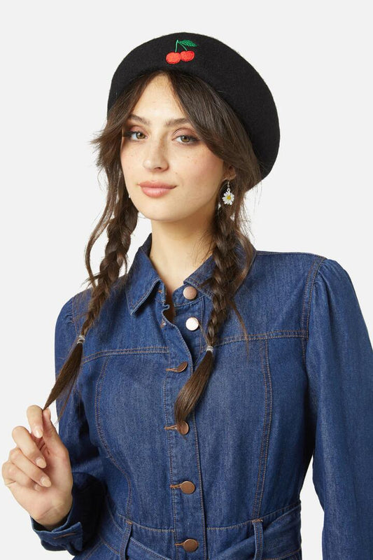 Image of Hats. Productname: Cherry Embroidered Beret in Black colour by brand - Princess Highway