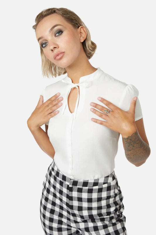 Image of a model wearing Tops. Productname: Snow Fun Blouse in Vintage White colour by brand - Dangerfield