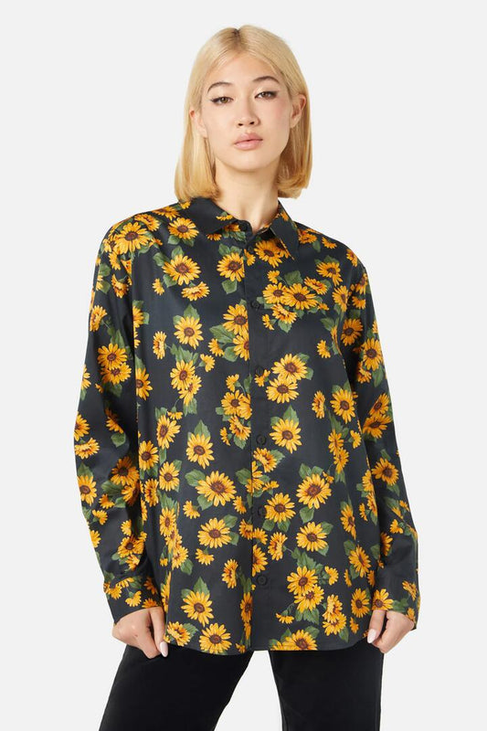 Image of a model wearing Tops. Productname: Winter Daisy LS Shirt in Yellow colour by brand - Princess Highway