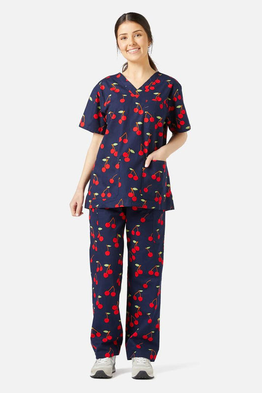 Image of a model wearing Uniforms & Workwear. Productname: Sweet Cherry Scrub Set in Navy colour by brand - Princess Highway