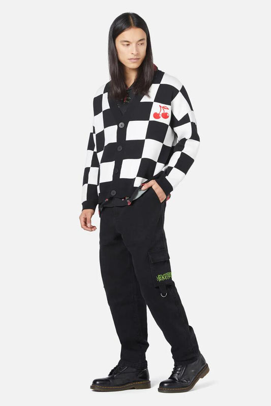 Image of a model wearing Outerwear. Productname: Cherry Check Cardigan in Black/White colour by brand - Black Friday
