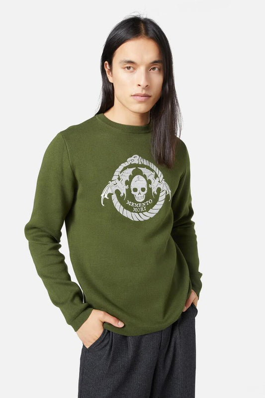 Image of a model wearing Tops. Product name - Memento Mori Embroideredlem Knit in Green colour by brand - Dangerfield