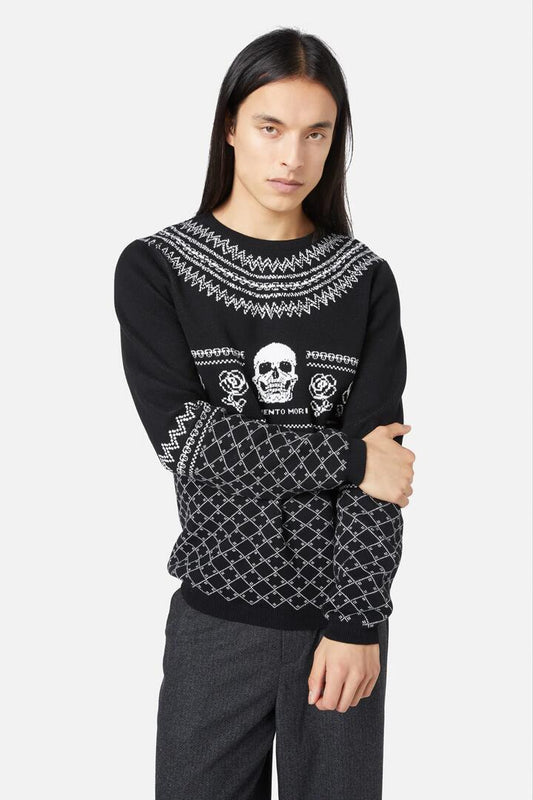 Image of a model wearing Tops. Productname: Memento Mori Fairisle Knit in Black colour by brand - Dangerfield