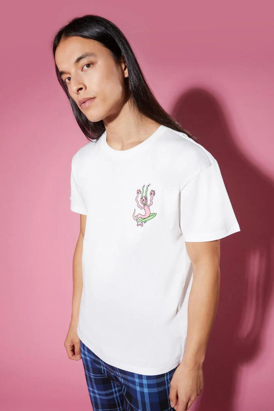 Image of a model wearing Tops. Productname: Space Age Tee in White colour by brand - Dangerfield