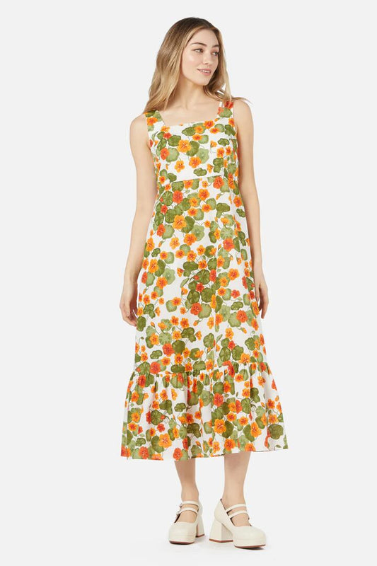 Image of a model wearing Dress. Productname: Nasturtium Midi Dress in Cream colour by brand - Princess Highway