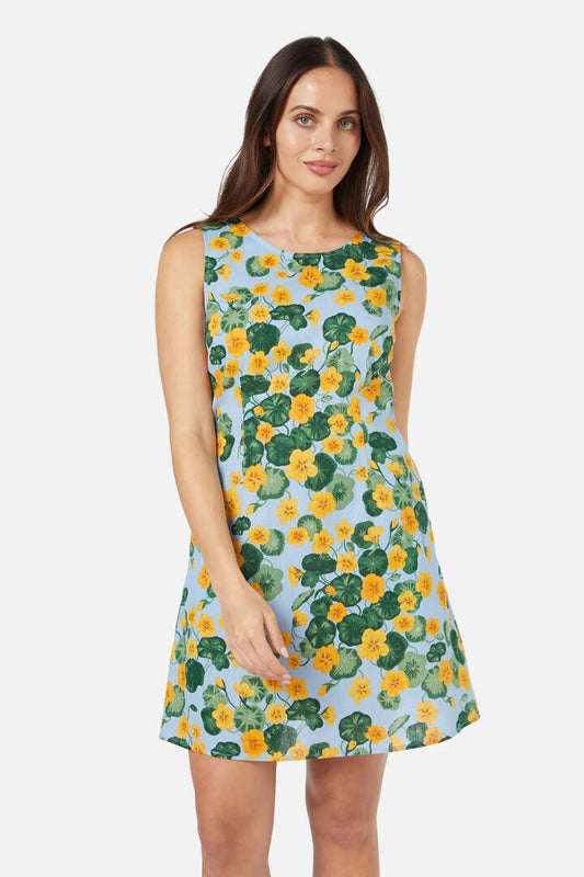 Image of a model wearing Dress. Productname: Nasturtium Mini Dress in Blue colour by brand - Princess Highway