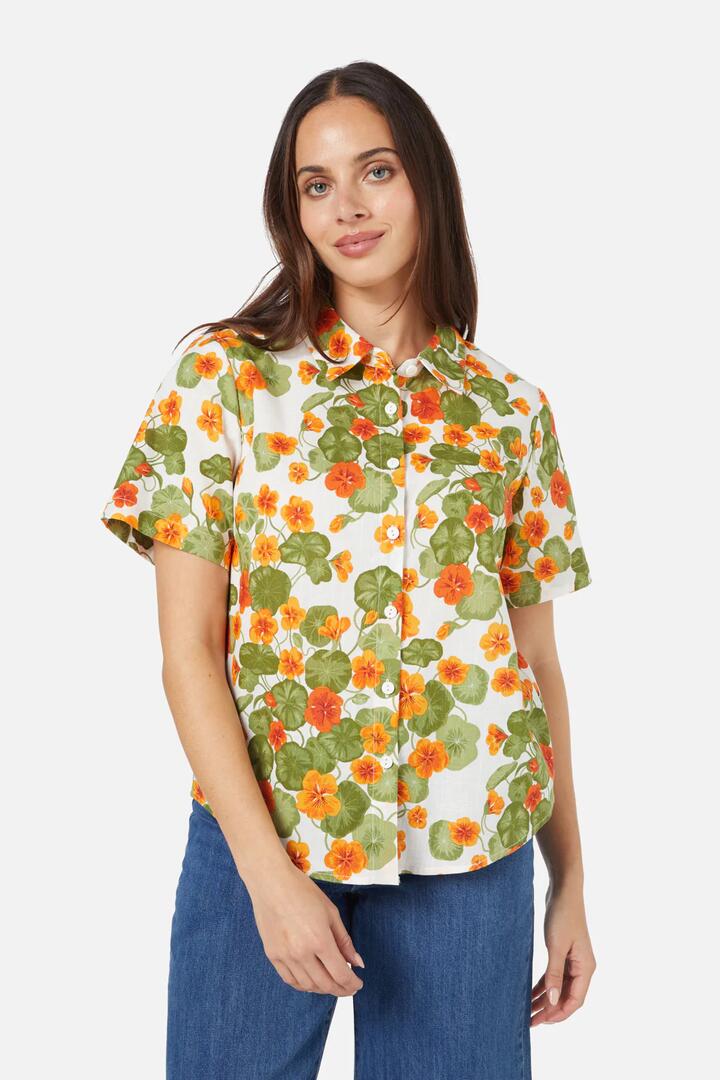 Image of a model wearing Tops. Productname: Nasturtium Shirt in Cream colour by brand - Princess Highway