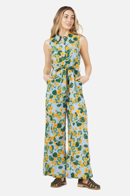Image of a model wearing Outerwear. Productname: Nasturtium Jumpsuit in Blue colour by brand - Princess Highway