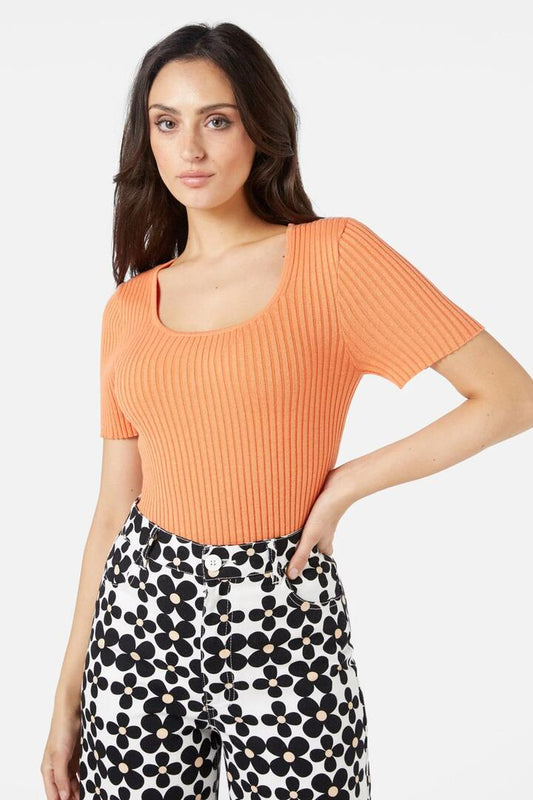 Image of a model wearing Tops. Productname: Addie Knit Top in Orange colour by brand - Princess Highway