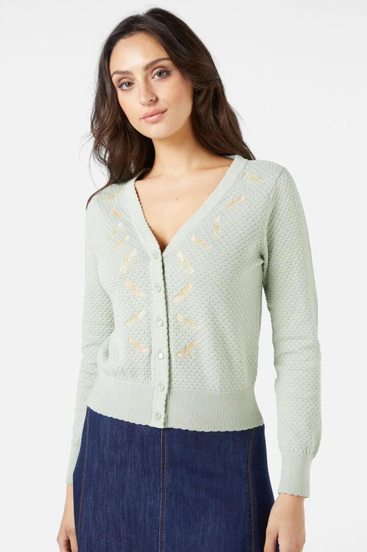 Image of a model wearing Outerwear. Productname: Dragonfly Emb Cardi in Sage colour by brand - Princess Highway
