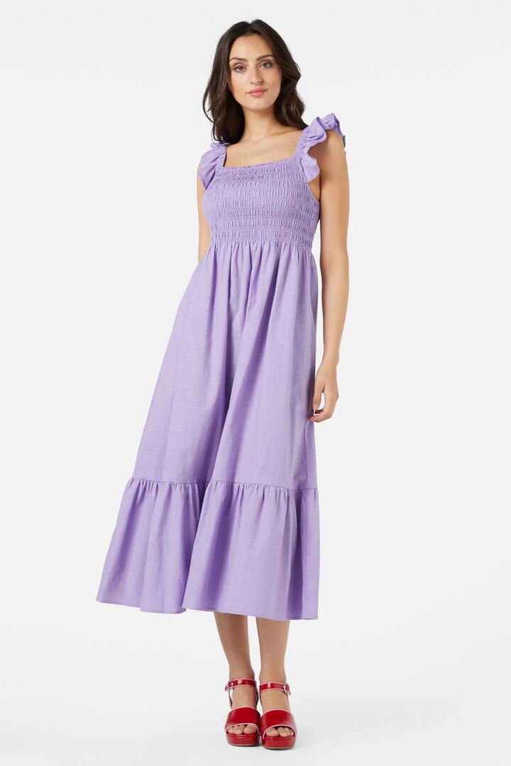 Image of a model wearing Dress. Productname: Carson Midi Dress in Lavender colour by brand - Princess Highway