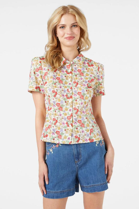 Image of a model wearing Tops. Productname: Ella Flora Blouse in Cream colour by brand - Princess Highway