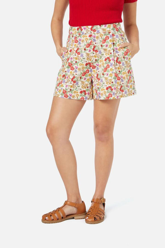 Image of a model wearing Shorts. Productname: Ella Flora Short in Cream colour by brand - Princess Highway