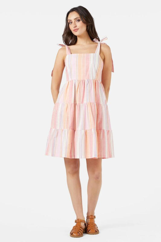 Image of a model wearing Dress. Productname: Lyvia Stripe Sundress in Melon colour by brand - Princess Highway