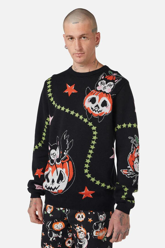 Image of a model wearing Tops. Productname: Pumpkin Party Knit in Multi colour by brand - Black Friday