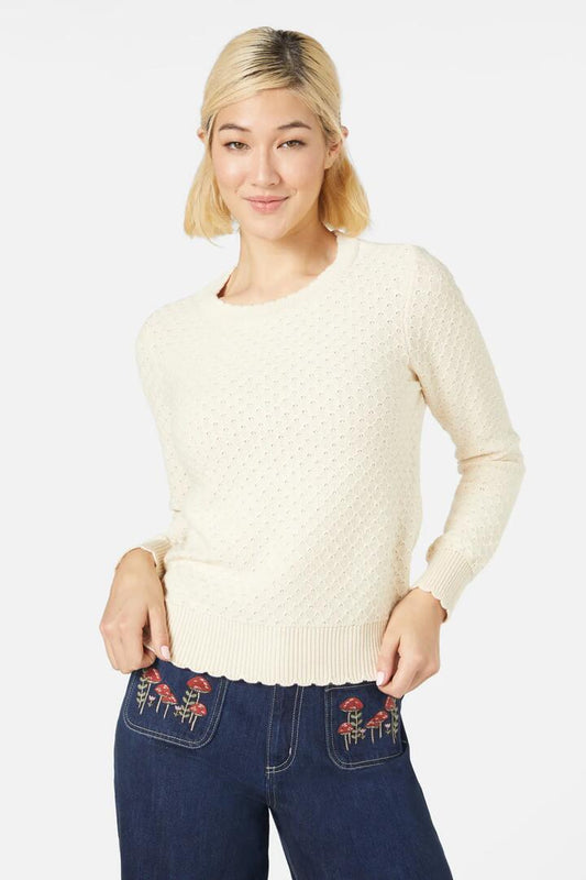 Image of a model wearing Outerwear. Productname: Paige Sweater in Cream colour by brand - Princess Highway