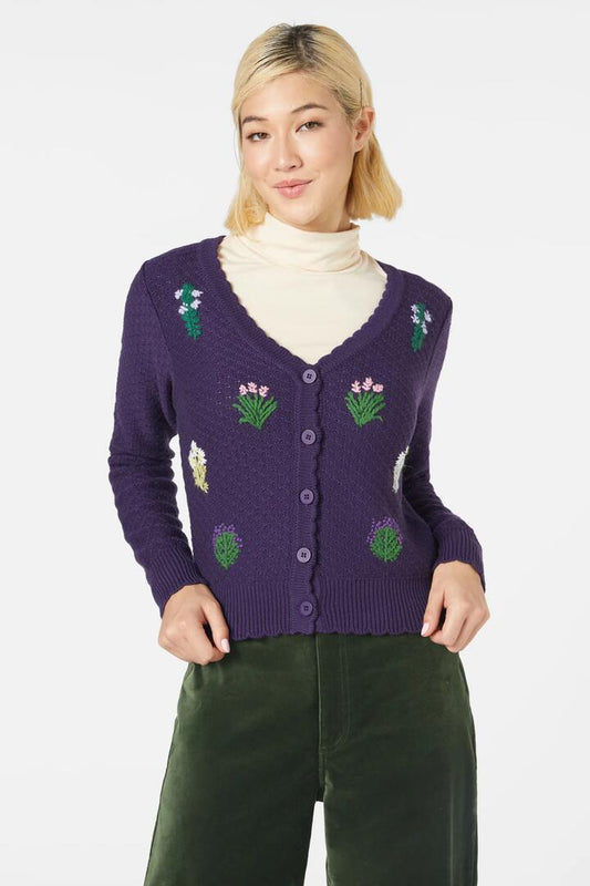 Image of a model wearing Outerwear. Productname: Herb Embroidered Cardi in Purple colour by brand - Princess Highway