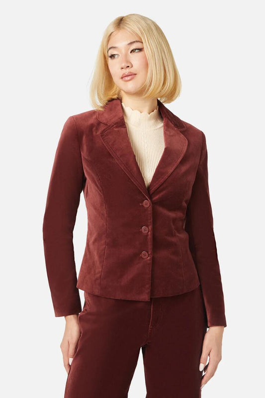 Image of a model wearing Outerwear. Productname: Rachel Velvet Blazer in Rust colour by brand - Princess Highway